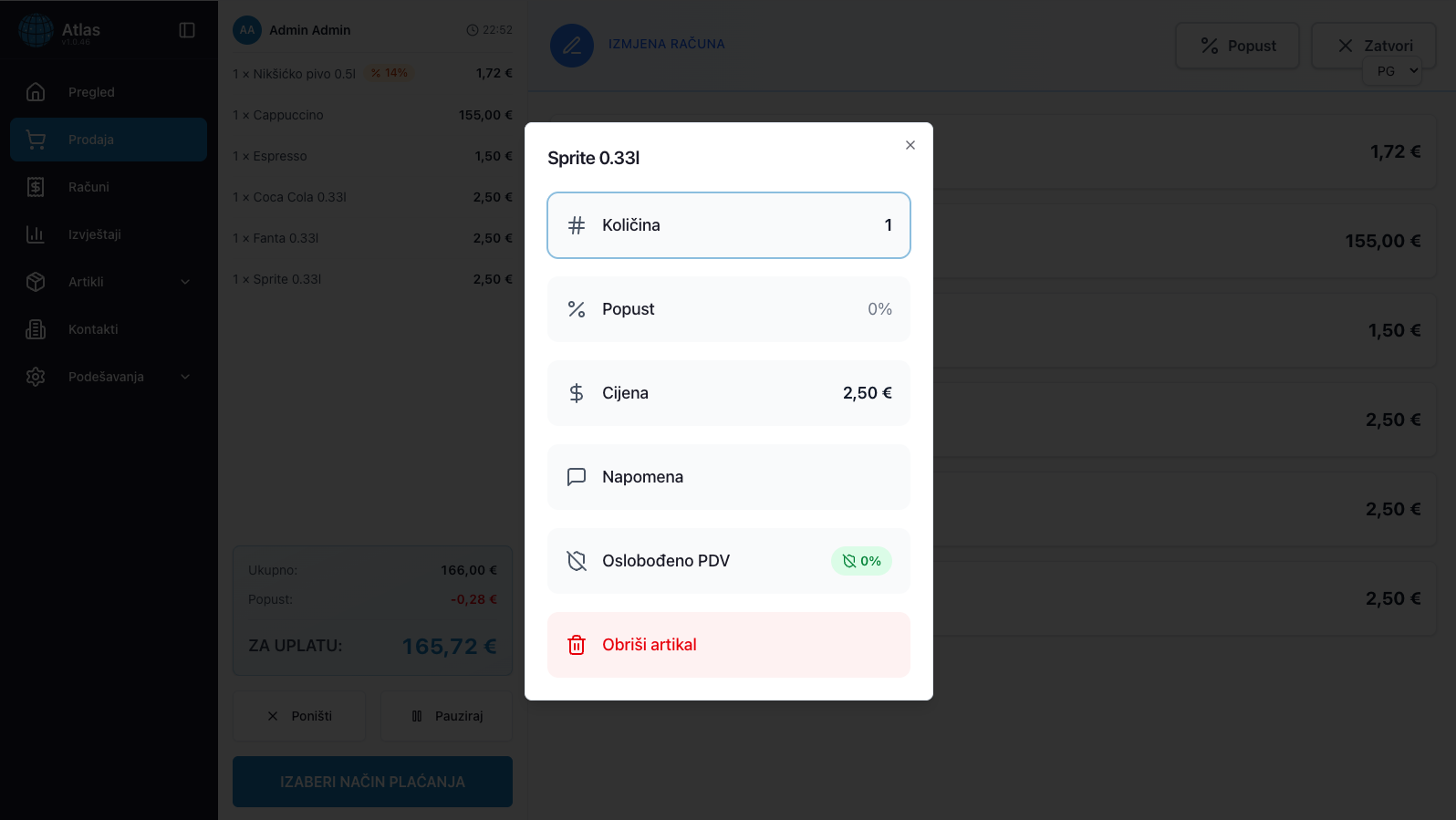 Atlas Web - Izmjena računa